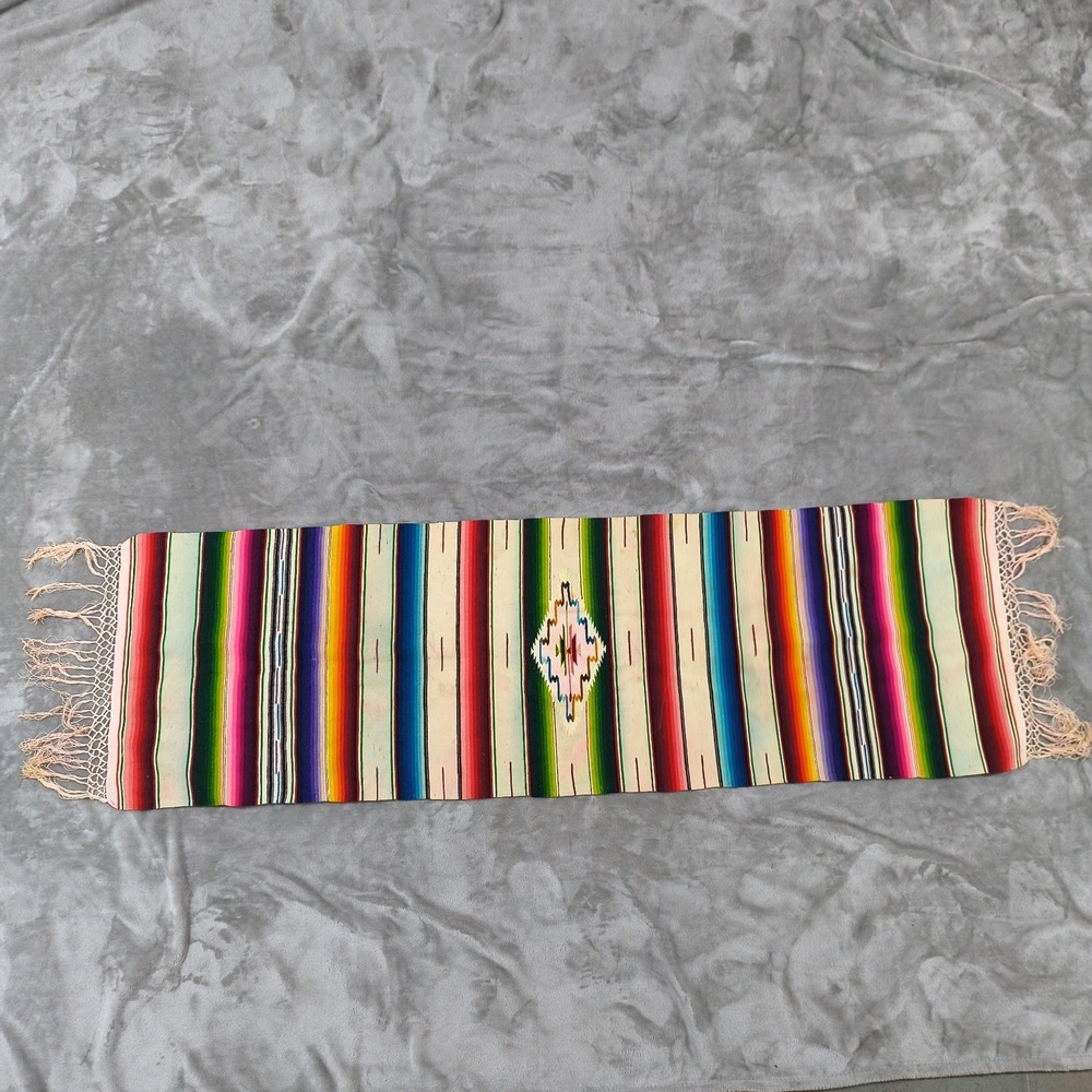 Vintage Serape Table Runner Wool Saltillo Dresser Scarf Mexican 61x17.5 Handmade - Picture 2 of 8